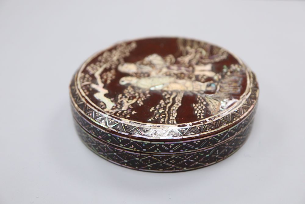 A Japanese mother of pearl inlaid lacquer box and cover